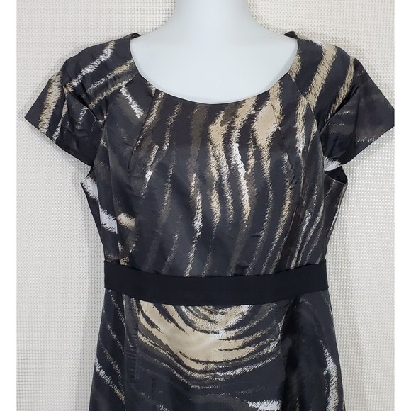 Tahari Dress 8 Black Gold Animal Print Sheath Cocktail Party Cap Sleeve Zip - Picture 2 of 14